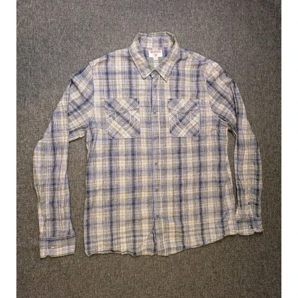 True Religion Button Up Shirt Mens Large Plaid Western Cowboy Collared L Tee